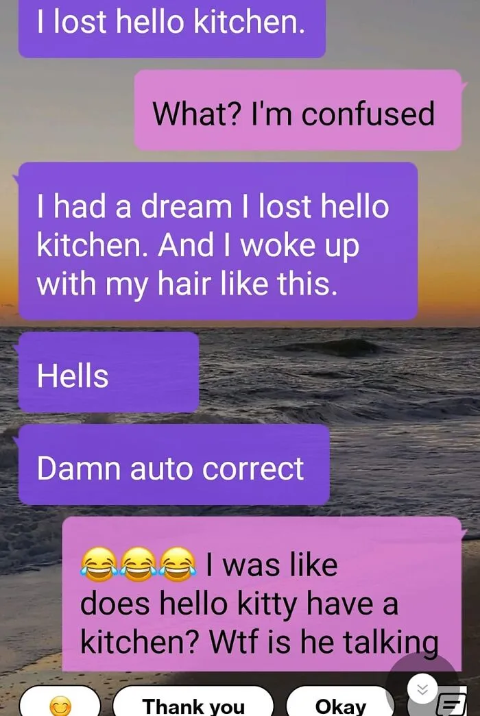 Text message conversation showing a funny autocorrect fail with the phrase hello kitchen instead of hello kitty.