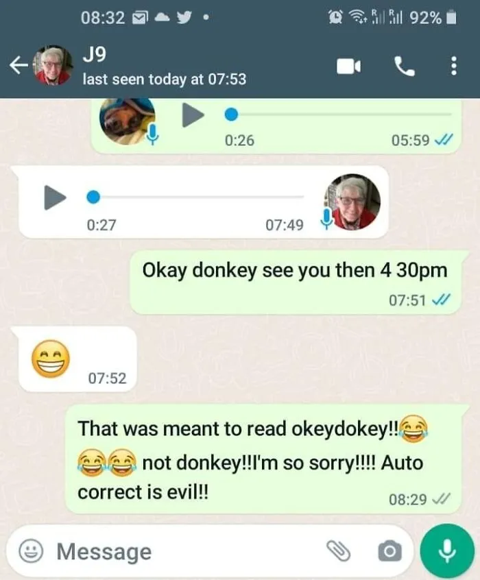 Text message conversation showing autocorrect mistake turning okeydokey into donkey, highlighting autocorrect errors humor.