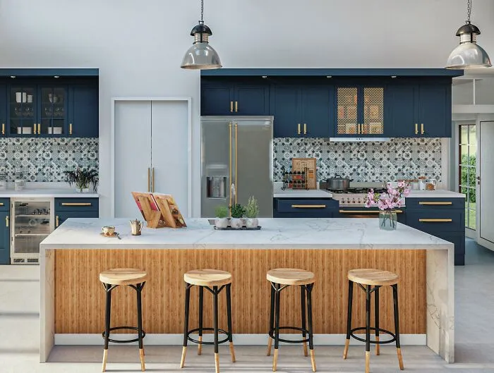 Kitchen with blue cupboards and marble table