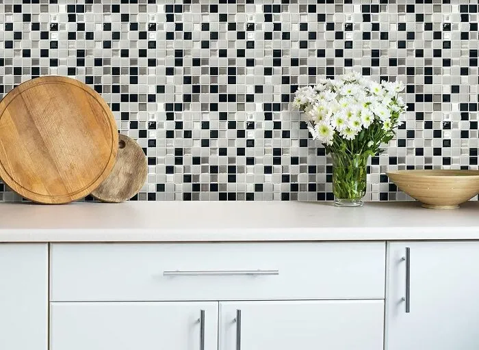 Metallic Checkerboard Tile Backsplash