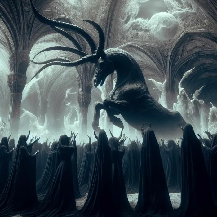 Black Silhouettes Worshiping A Demon Horse