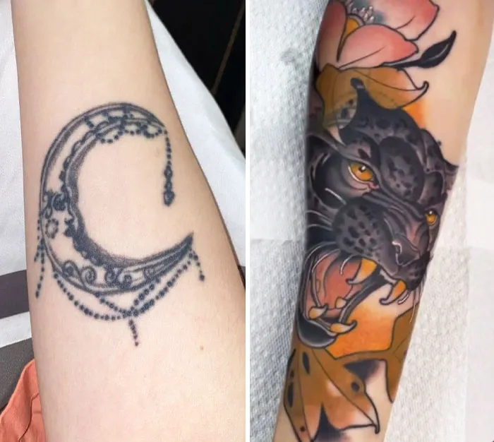 Tattoo regret upgrade: a simple crescent moon design transformed into a detailed panther with floral elements.
