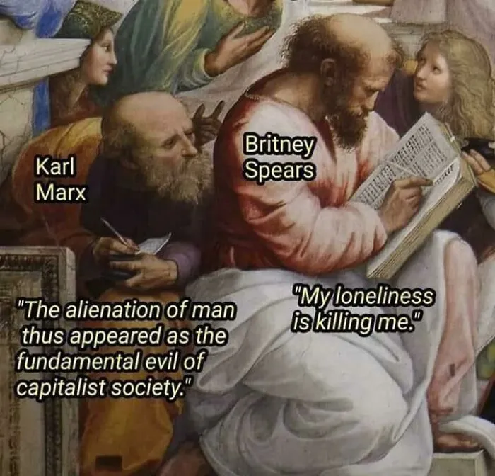 Medieval meme showing philosophers labeled as Karl Marx and Britney Spears with humorous text.