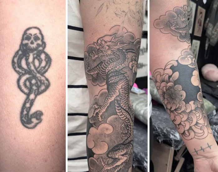 Tattoo regrets transformed into an intricate dragon sleeve design, showing before and after on an arm.