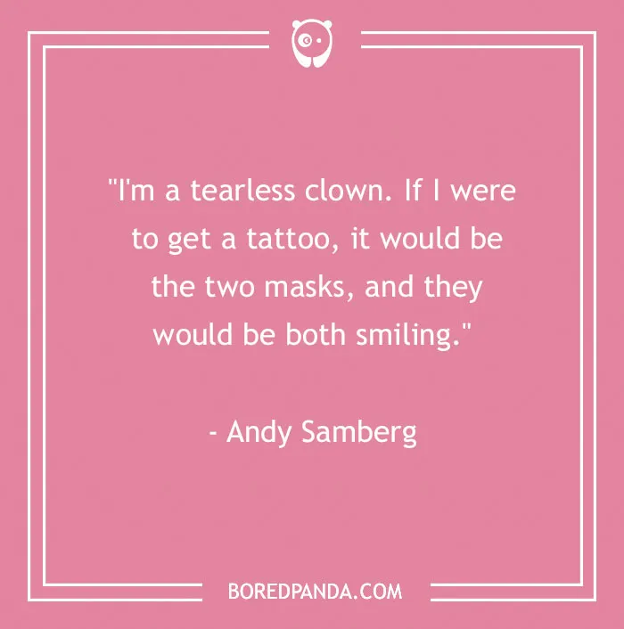 Quote on pink background about tattoos and masks, emphasizing perspective on body art.