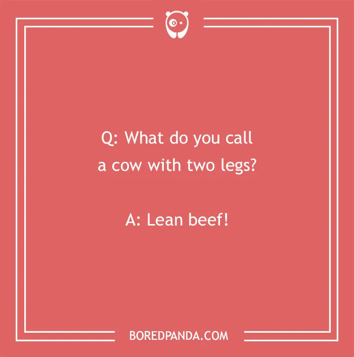 Text on image: "What do you call a cow with two legs? Lean beef!" Funniest joke example.