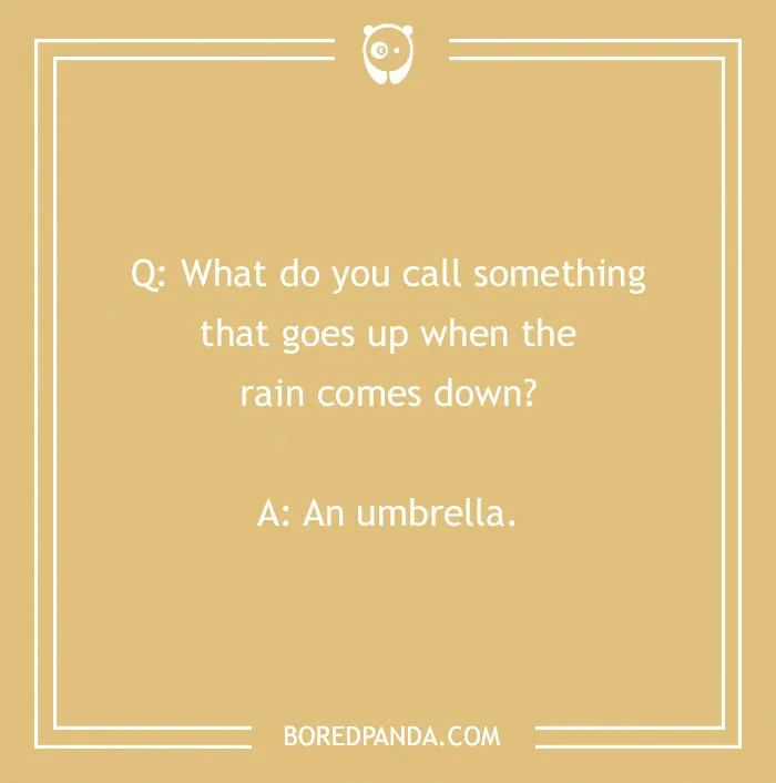 Text on a tan background features a funny "What do you call?" joke about an umbrella.
