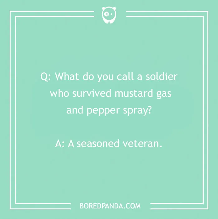 Funny "What Do You Call?" joke on a mint green background about a seasoned veteran.