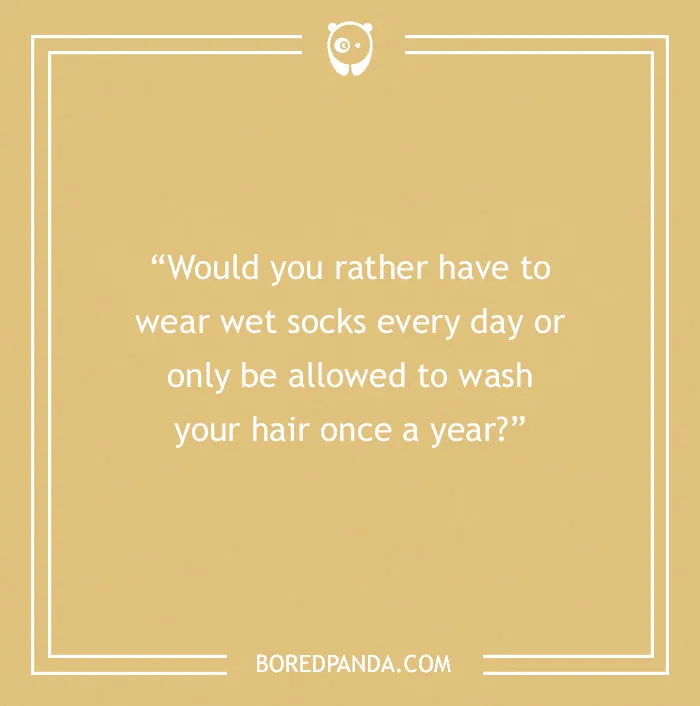 "Would You Rather question on wet socks or washing hair, featuring game night theme."