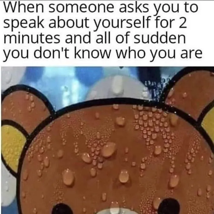 Meme of a bear with water droplets, humorously capturing social awkwardness of speaking about oneself unexpectedly.