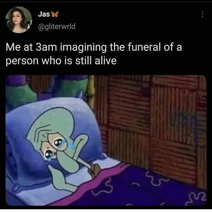 Cartoon character in bed, teary-eyed, imagining a funny and relatable scenario for socially awkward friends.