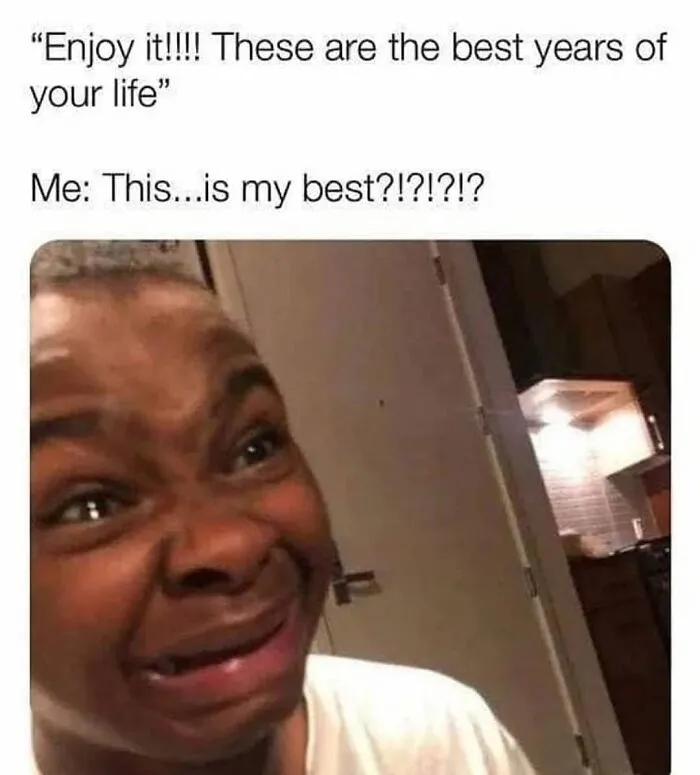 Close-up of a person making a funny, exaggerated expression, capturing a relatable meme about life moments.