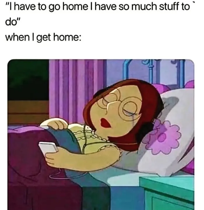 Cartoon character sleeping with headphones after saying they have stuff to do, depicting a socially awkward meme.