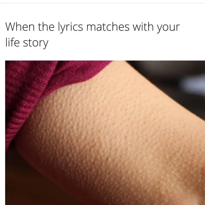 Goosebumps on an arm with text about lyrics relating to life story, capturing a funny and relatable moment.