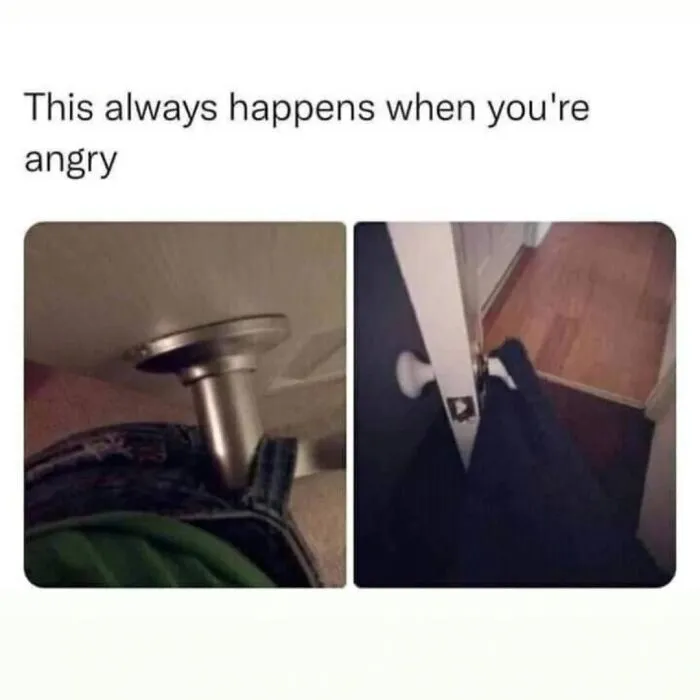 A relatable meme showing pants caught on a doorknob.