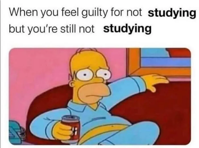 Cartoon character on a couch with a soda, relatable meme about feeling guilty not studying.