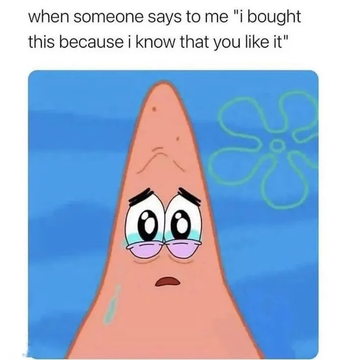 Cartoon character with a tear, looking touched; relatable meme for socially awkward situations.