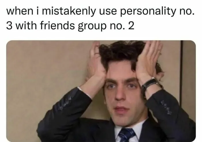 A man looking stressed with text about using the wrong personality, highlighting socially awkward memes.