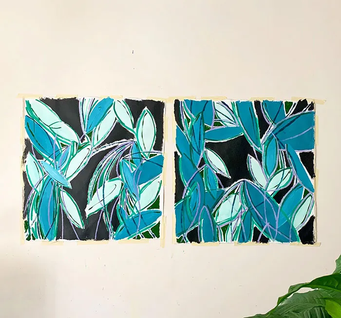 DIY blue foliage canvas wall art featuring bold leaves in shades of teal and turquoise for creative wall art ideas.