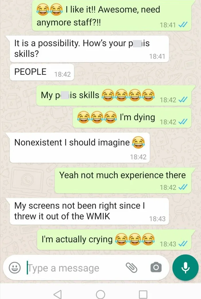 Chat conversation showing autocorrect errors causing humorous typing mistakes and a mix-up in text messages.