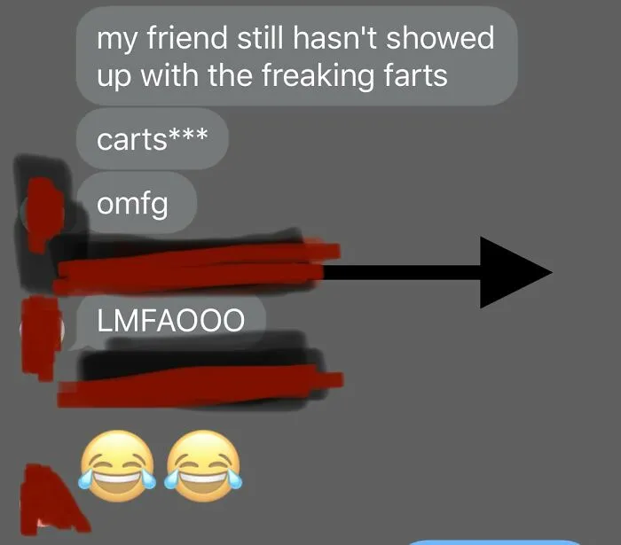 Text message conversation showing autocorrect mistake from "carts" to "farts" with laughing emojis, illustrating autocorrect errors.