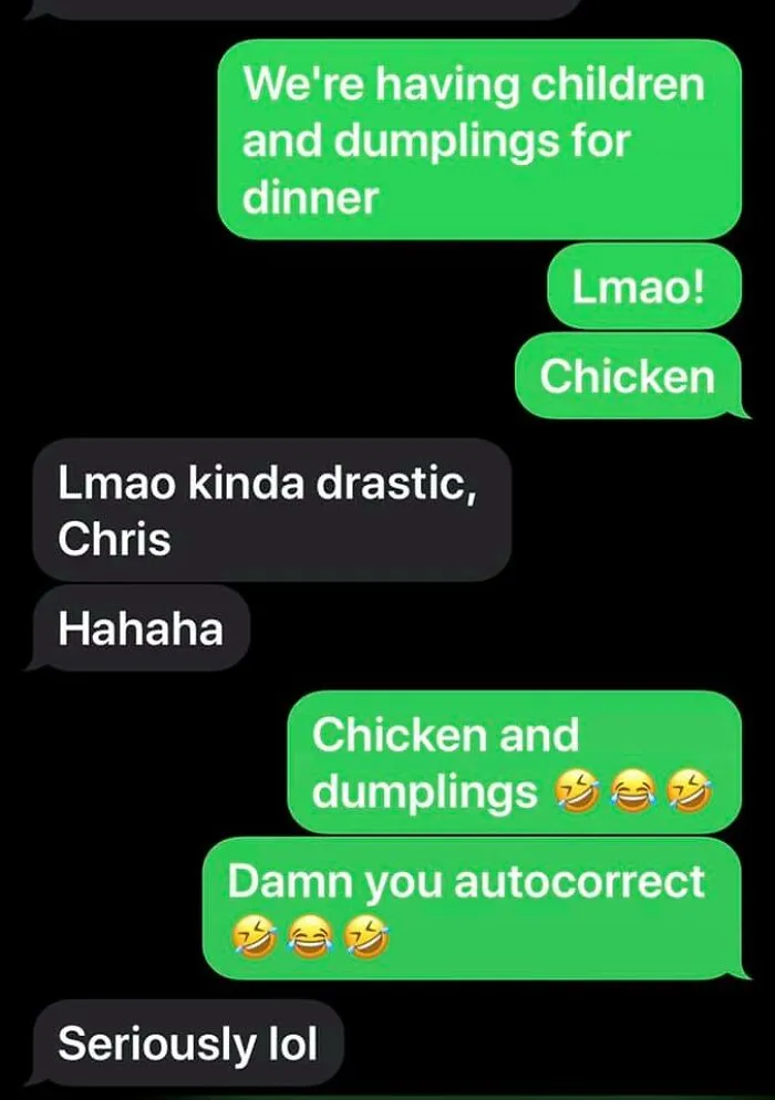 Text conversation showing autocorrect mistake changing chicken to children, highlighting funny autocorrect fails in messaging.