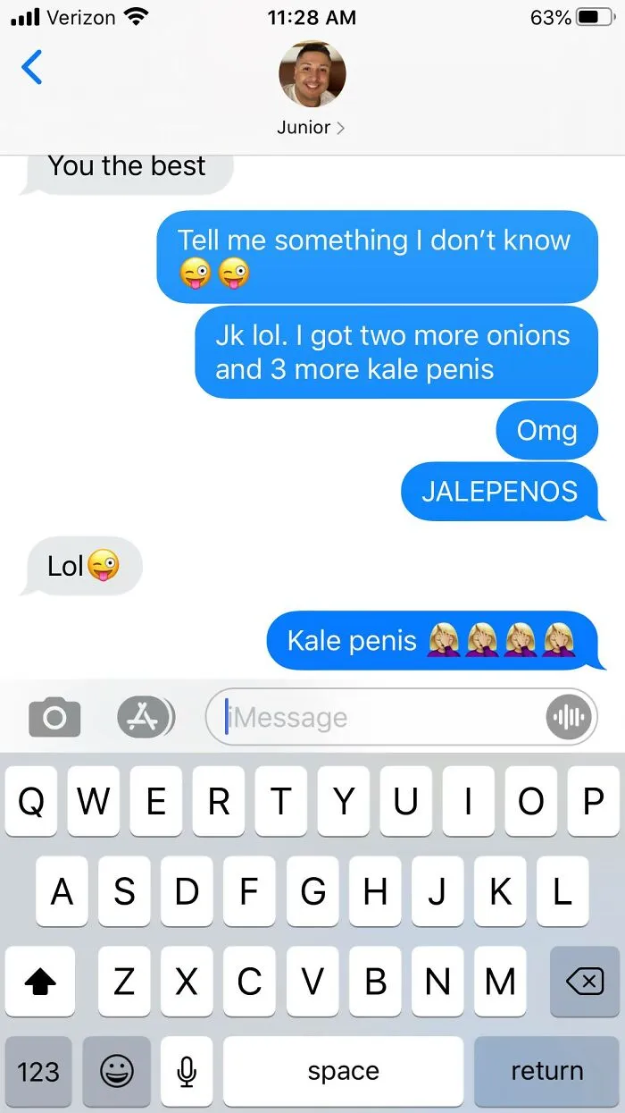 Text message conversation showing autocorrect errors turning jalapenos into kale penis with laughing emojis.