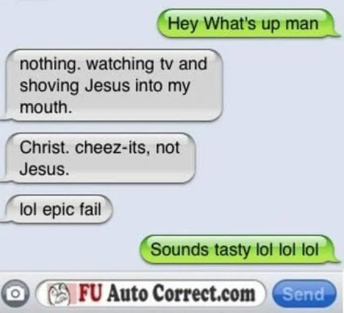 Text message conversation showing a funny autocorrect fail where Jesus replaces Cheez-its in a snack mention.