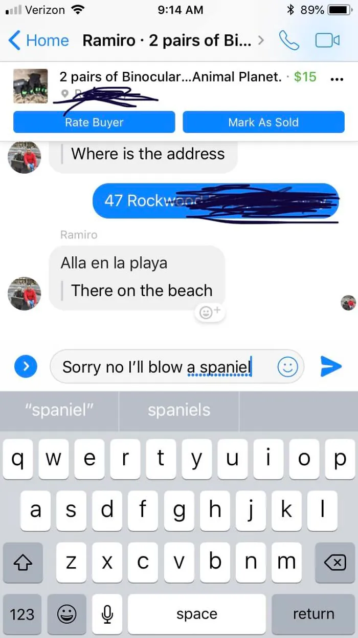 Chat conversation showing a humorous autocorrect fail while discussing 2 pairs of binoculars and location details.
