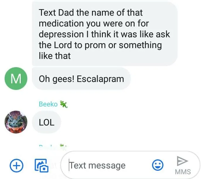 Text conversation showing an autocorrect error in a message discussing medication, illustrating autocorrect mistakes humorously.