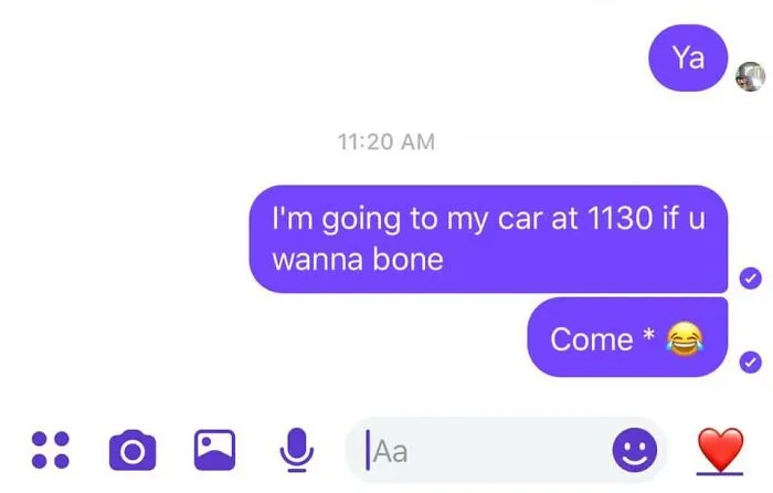 Text message conversation showing an autocorrect fail where "bone" was meant to be "come" at 11:20 AM.