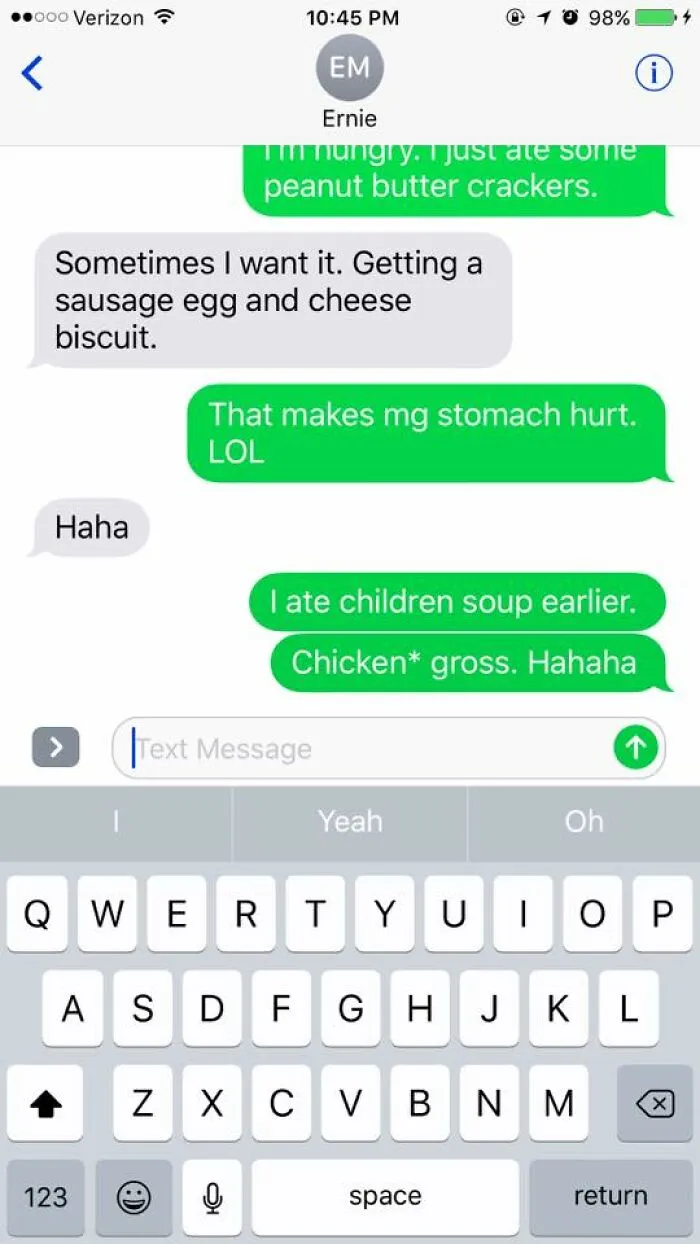 Text message screenshot showing autocorrect error changing chicken soup to children soup in a humorous chat.