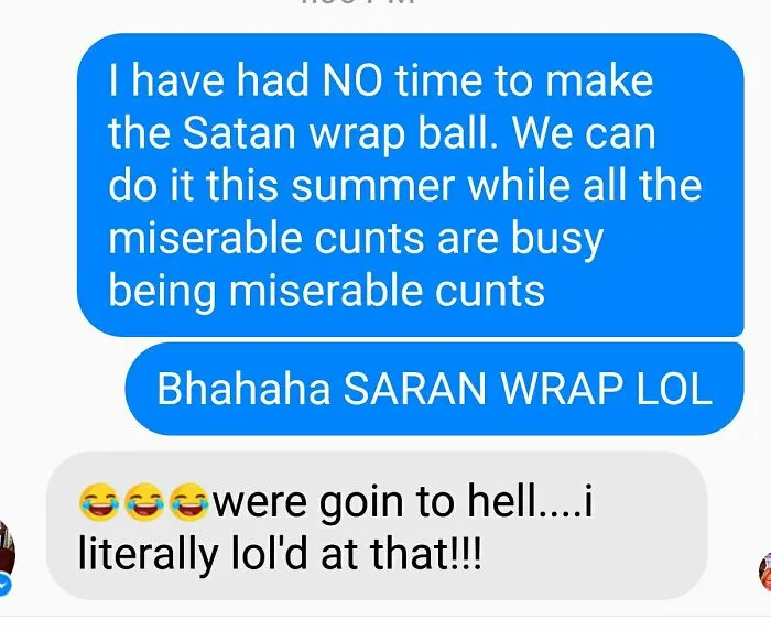 Text message screenshot showing autocorrect error changing "Saran wrap" to "Satan wrap" causing a humorous misunderstanding.
