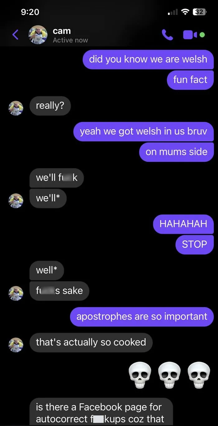 Text conversation showing autocorrect errors with humorous messages about Welsh heritage and importance of apostrophes.