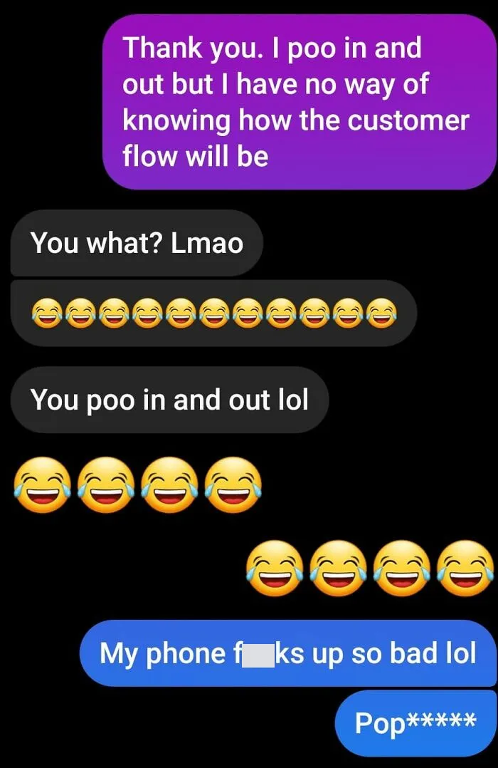 Text message conversation showing an autocorrect fail where "poo" replaces a normal word causing confusion and laughter.