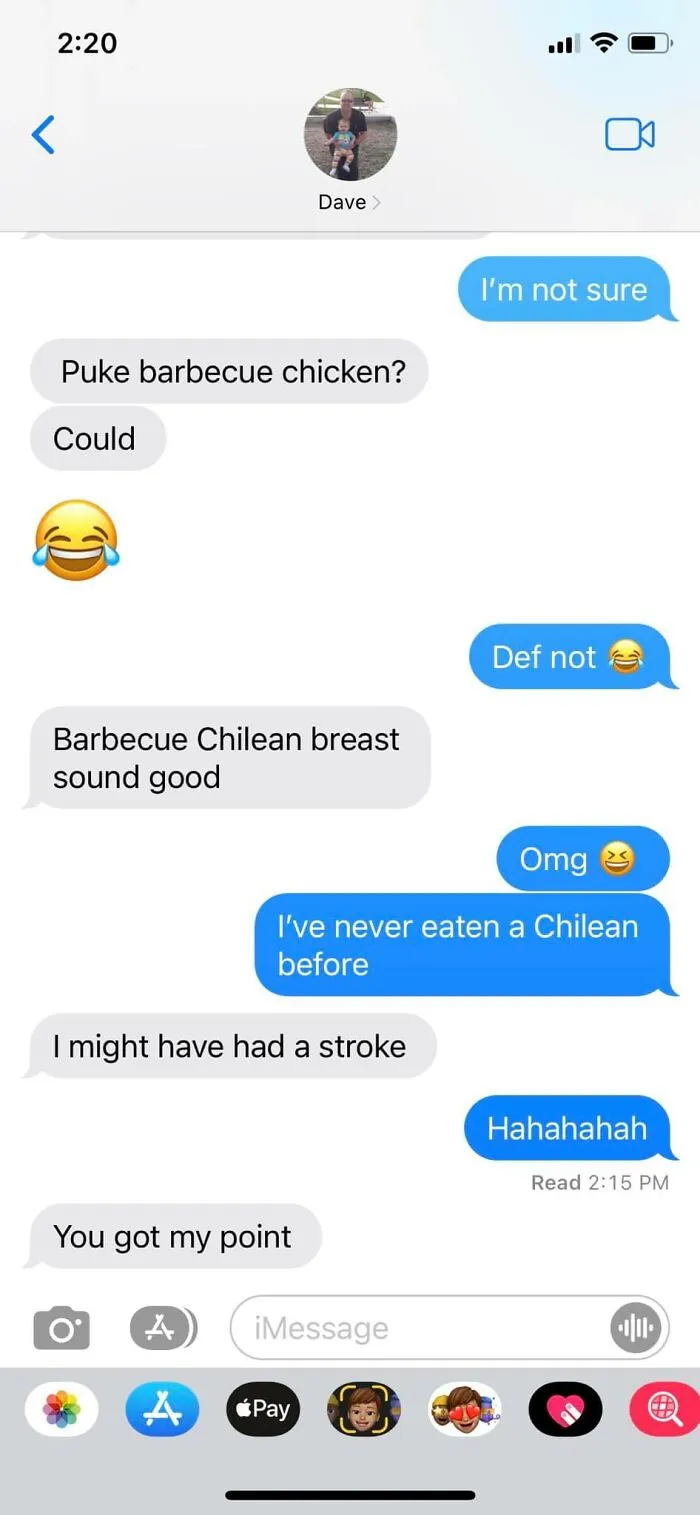 Text message conversation showing an autocorrect fail with funny food-related phrases causing confusion.