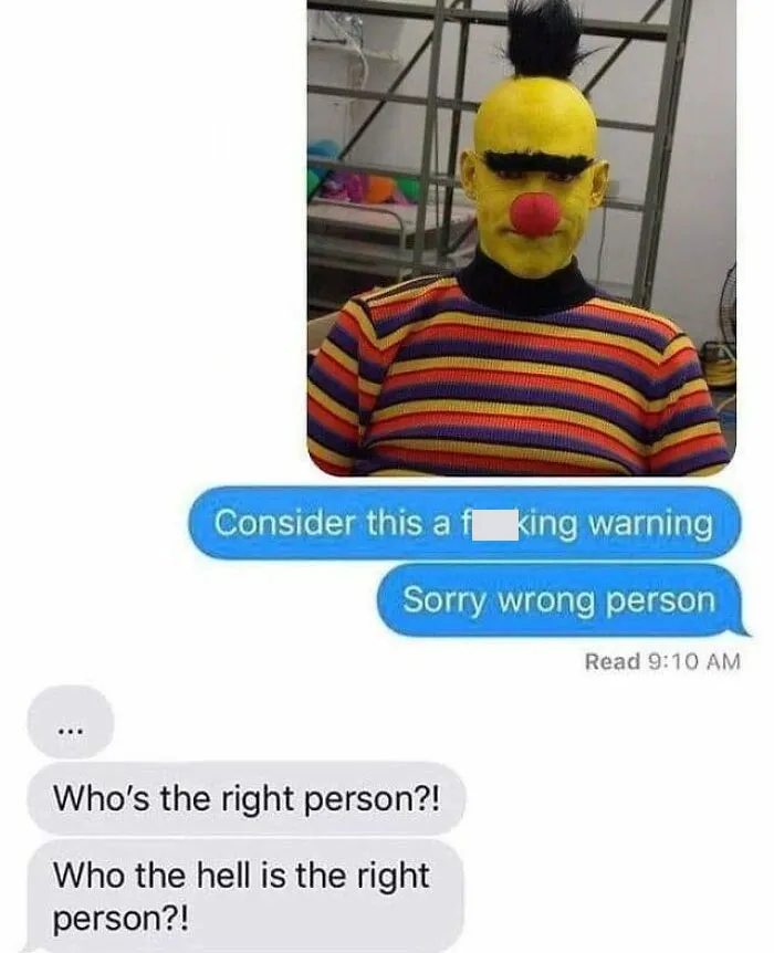 Text message screenshot with a person in a colorful striped shirt and a humorous autocorrect fail conversation.
