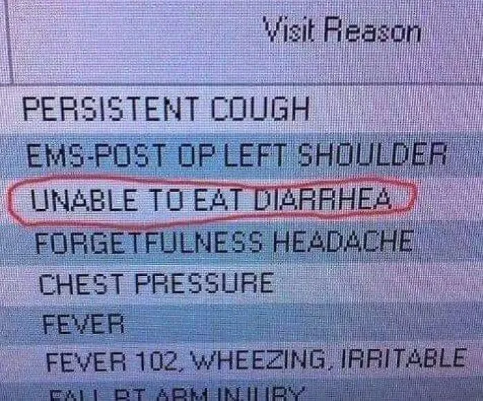 Medical text with autocorrect error showing impossible symptom unable to eat diarrhea highlighted in red circle