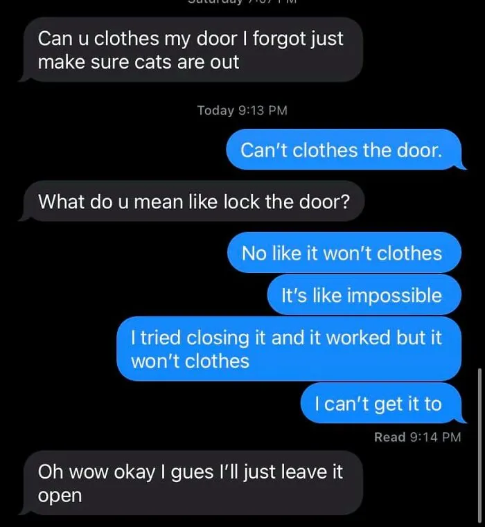 Text message conversation showing autocorrect errors with the word clothes instead of close causing confusion about locking a door.