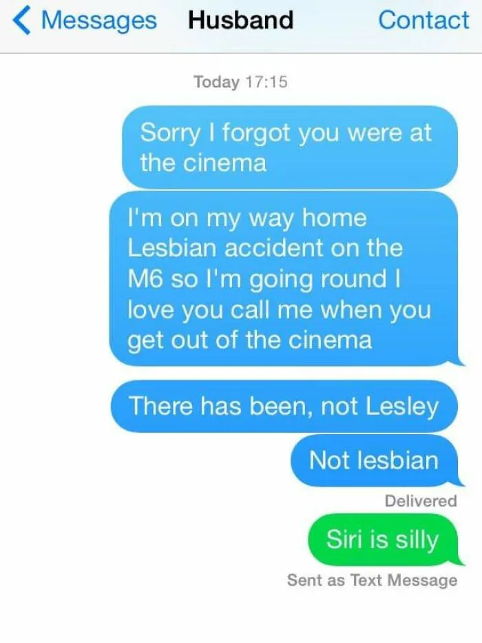 Text messages showing an autocorrect fail where "Lesbian accident" was meant to say "Lesley accident" causing a funny autocorrect mess.