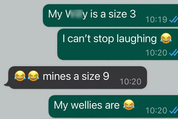 Text conversation showing autocorrect errors causing humorous misunderstandings with sizes and laughter emojis.