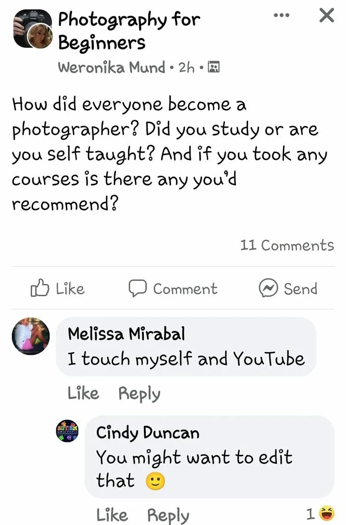 Social media post showing autocorrect mistake with a humorous text error related to photography beginners.