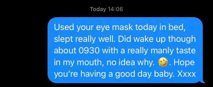 Text message showing an autocorrect fail with a humorous and confusing phrase about taste in mouth at 09:30.