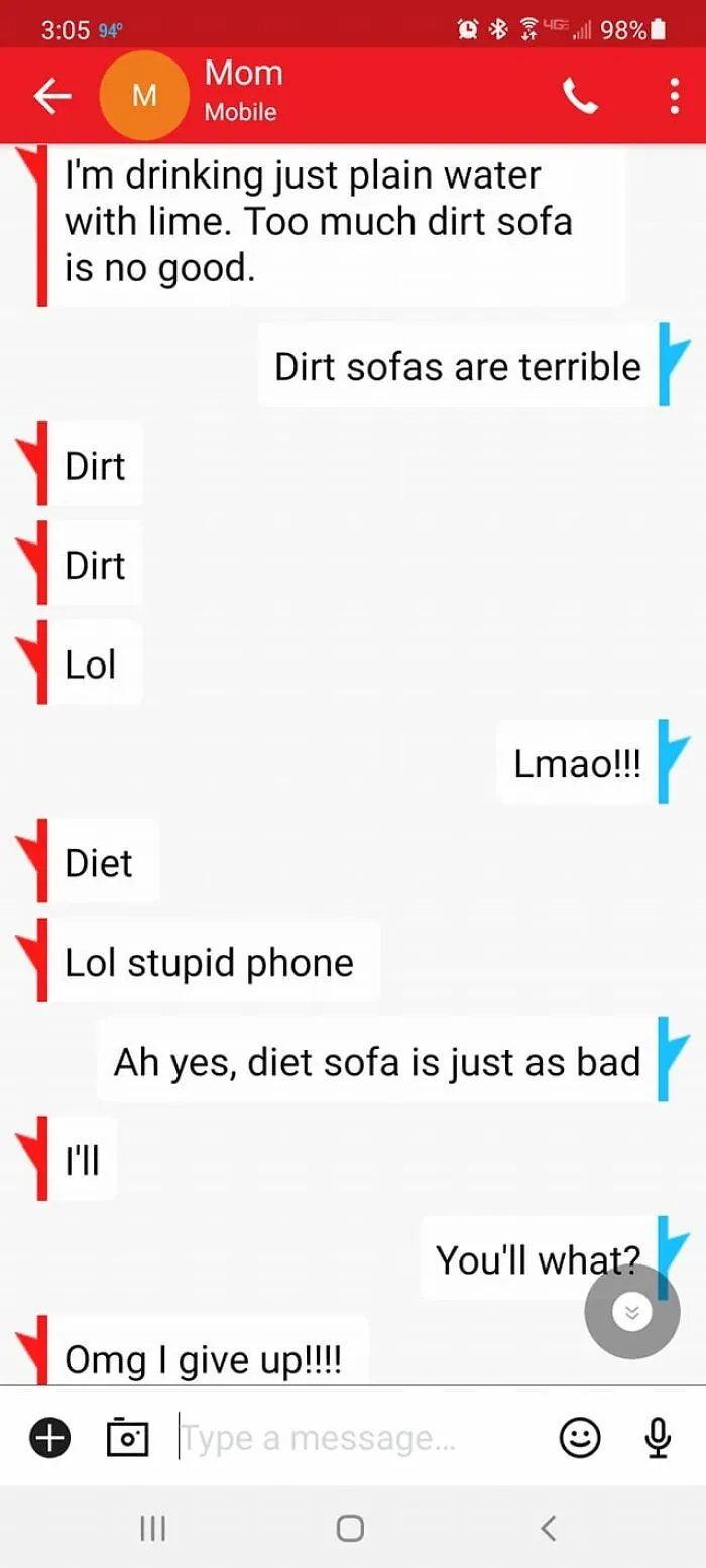 Text message conversation showing autocorrect errors turning dirt into diet, illustrating autocorrect mistakes in everyday texting.