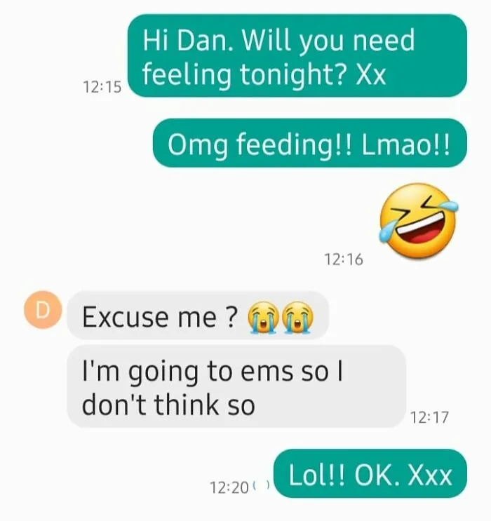 Text message conversation showing autocorrect error changing feeding to feeling, illustrating autocorrect mistakes humorously.