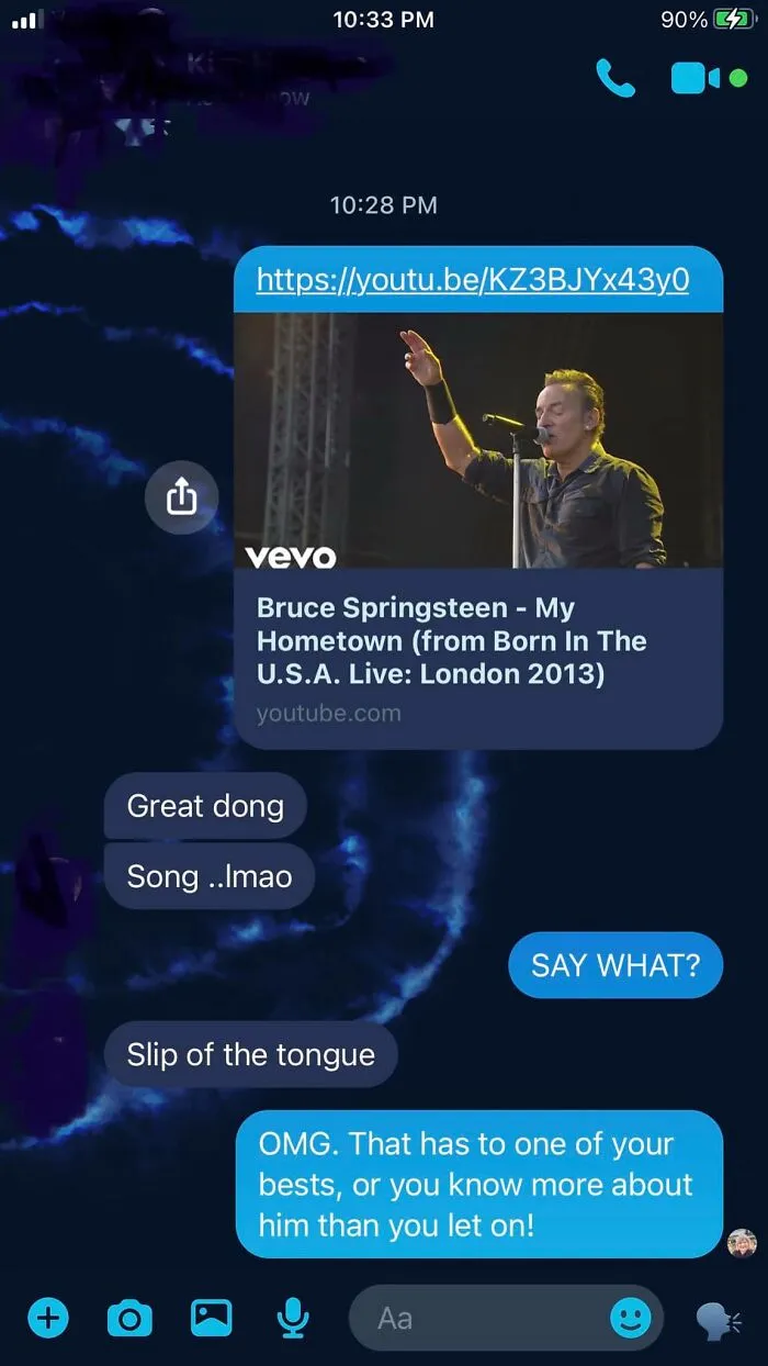 Text message thread showing an autocorrect fail with "Great dong" instead of "Great song" in a humorous conversation.