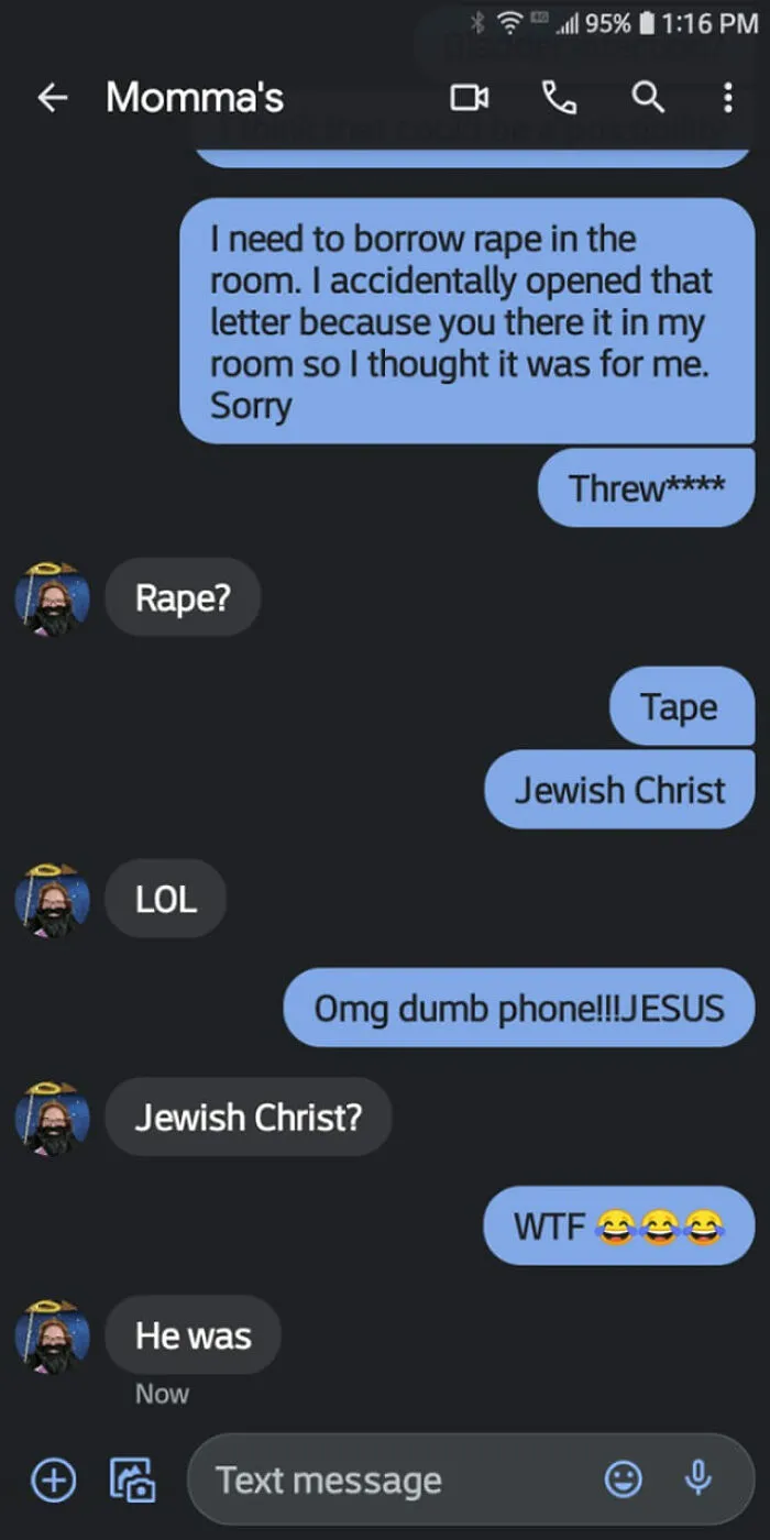 Text message conversation showing autocorrect mistakes creating confusion and humor in a funny autocorrect fail chat.