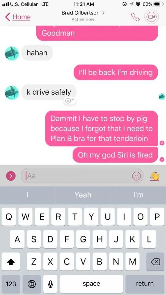 Text message conversation showing funny autocorrect errors and mishaps while texting about shopping and driving safety.