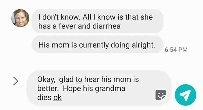 Conversation screenshot showing an autocorrect fail turning a well-wish into an unintended harsh message.