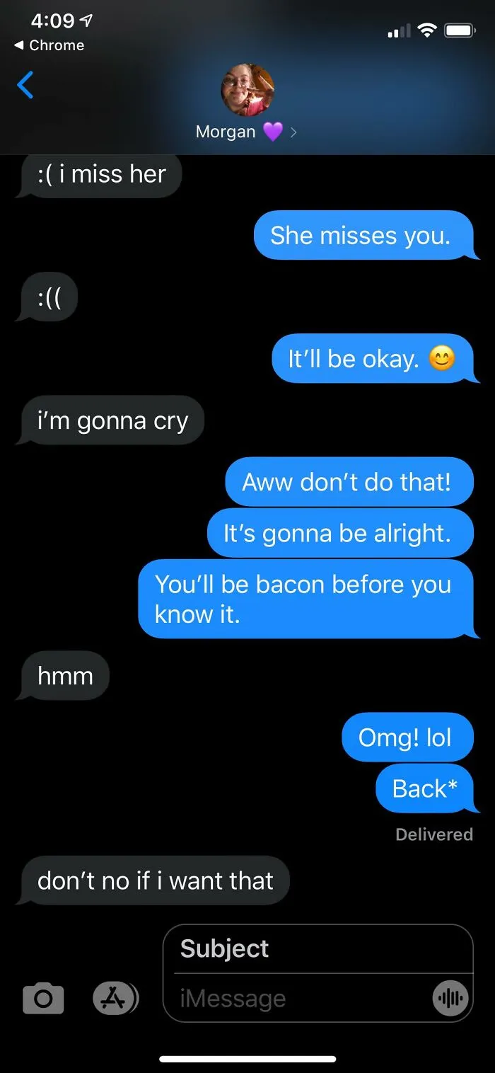 Text message conversation showing autocorrect error turning back into bacon in a humorous chat about emotions and support.